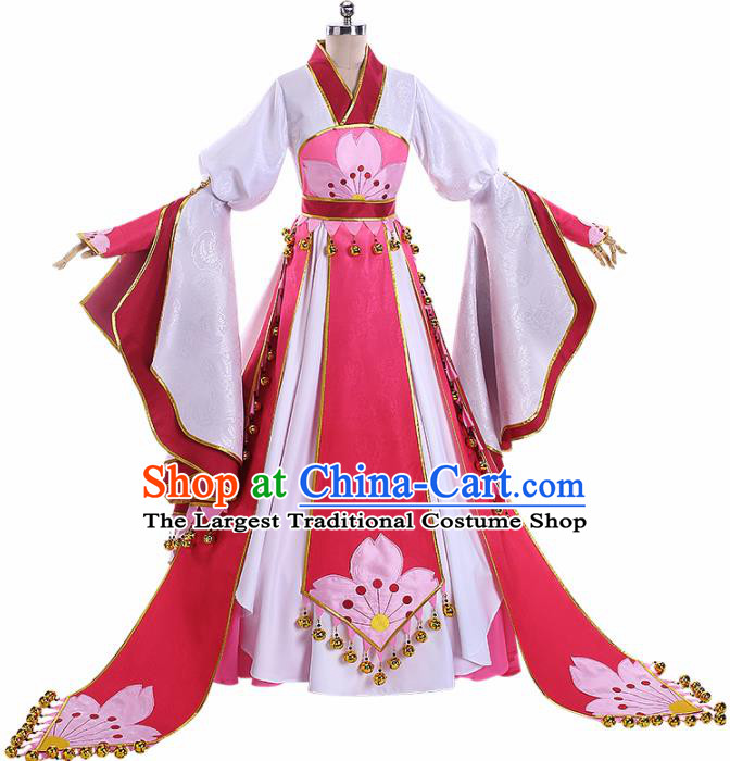 Traditional Halloween Cosplay Swordswoman Costume Chinese Ancient Princess Pink Hanfu Dress for Women