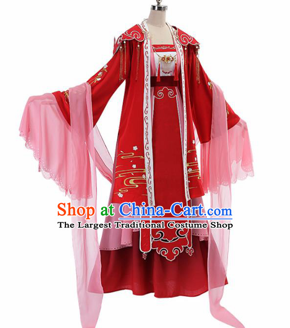 Traditional Halloween Cosplay Swordswoman Costume Chinese Ancient Court Princess Red Hanfu Dress for Women