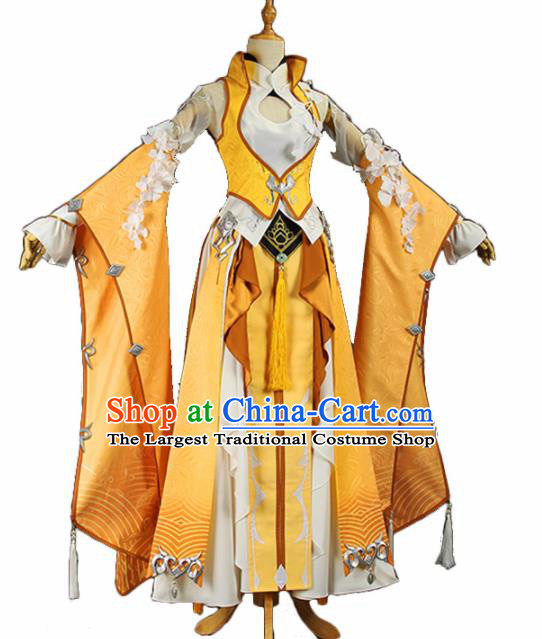 Chinese Traditional Cosplay Princess Costume Ancient Tang Dynasty Swordswoman Yellow Hanfu Dress for Women