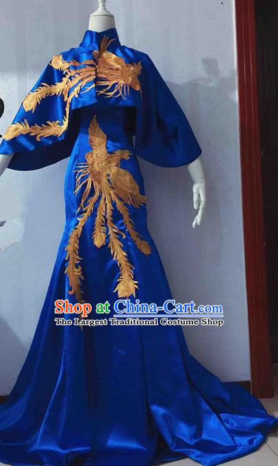 Traditional Chinese Modern Fancywork Costume National Cheongsam Embroidered Phoenix Blue Full Dress for Women