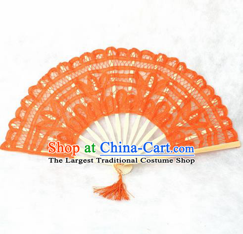 Chinese Traditional Orange Lace Fans Handmade Folding Fan