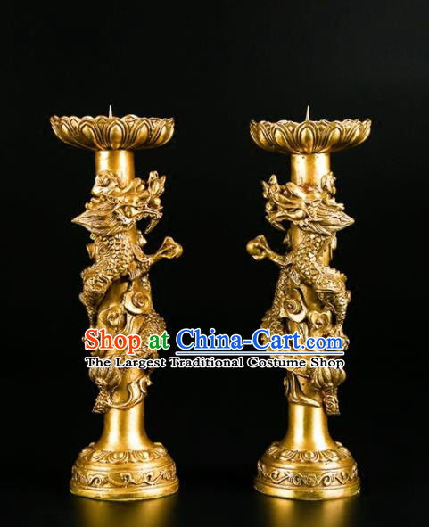 Chinese Traditional Feng Shui Items Buddhism Brass Carving Dragon Candlestick Decoration