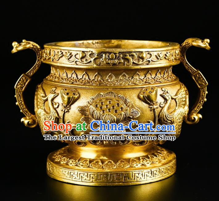 Chinese Traditional Carving Lotus Crane Brass Incense Burner Taoism Bagua Feng Shui Items Censer Decoration