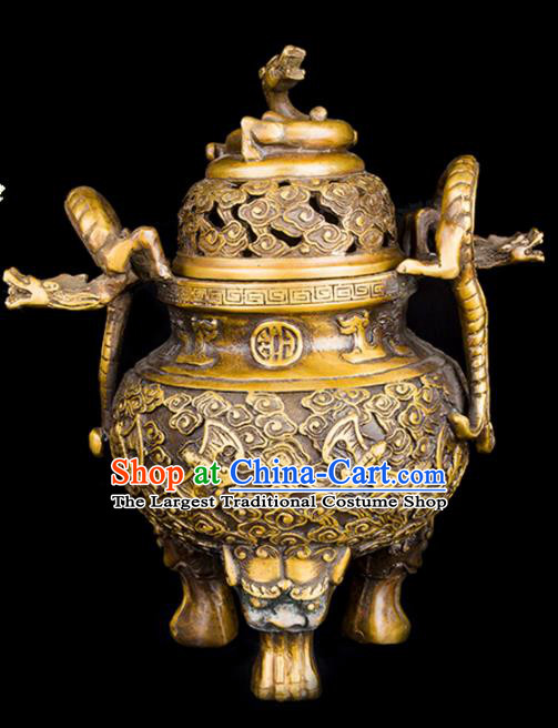 Chinese Traditional Taoism Bagua Carving Bats Dragon Brass Incense Burner Feng Shui Items Censer Decoration