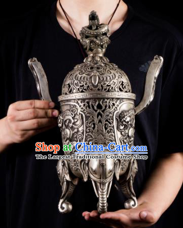 Chinese Traditional Taoism Bagua Carving Cupronickel Incense Burner Feng Shui Items Censer Decoration