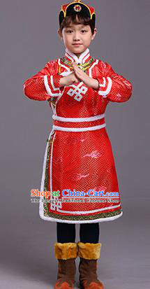 Chinese Traditional Ethnic Children Costumes Mongol Nationality Red Brocade Robe for Kids