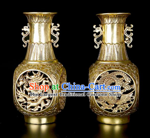 Chinese Traditional Feng Shui Items Taoism Bagua Brass Carving Dragon Phoenix Vase Decoration