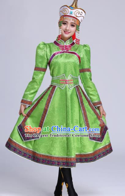 Chinese Traditional Mongolian Ethnic Folk Dance Green Dress Mongol Nationality Costumes for Women