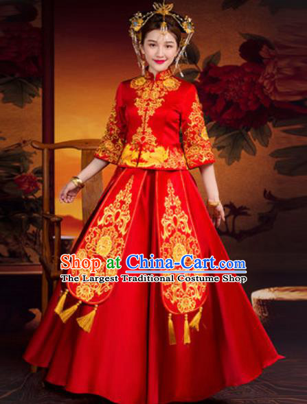 Traditional Chinese Wedding Dress Ancient Bride Embroidered Red Xiu He Costume for Women