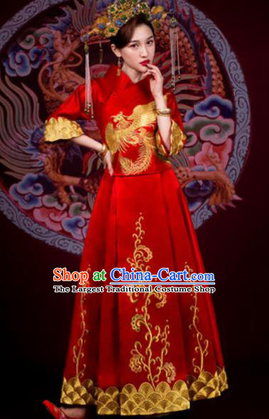 Traditional Chinese Embroidered Phoenix Wedding Dress Ancient Bride Red Xiu He Costume for Women