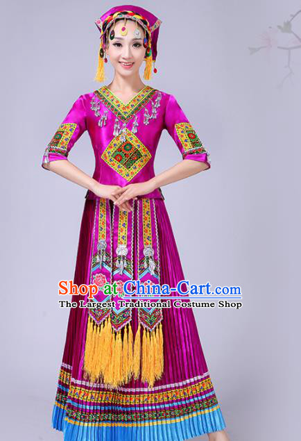 Chinese Traditional Ethnic Folk Dance Costume Yi Nationality Wedding Purple Dress for Women