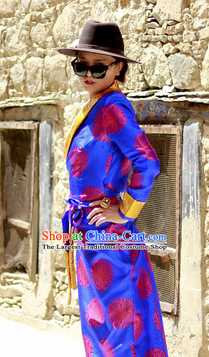 Chinese Traditional Tibetan Folk Dance Blue Dress Zang Nationality Ethnic Costume for Women