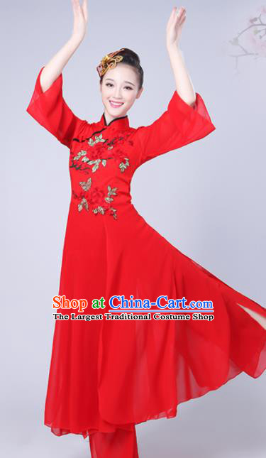 Chinese Traditional Umbrella Dance Red Costume Classical Dance Group Dance Dress for Women