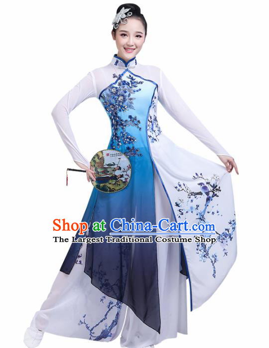 Chinese Traditional Umbrella Dance Blue Costume Classical Dance Group Dance Dress for Women