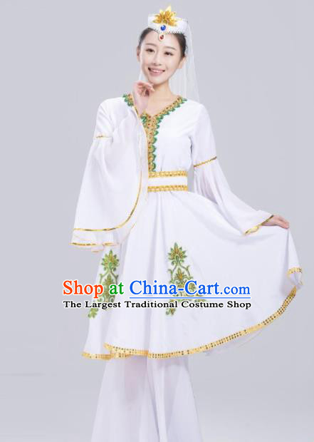 Chinese Traditional Uigurian Ethnic Folk Dance Costume Uyghur Nationality Dance White Dress for Women