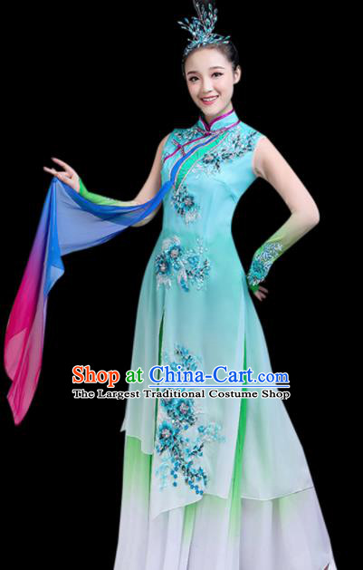 Chinese Traditional Stage Performance Umbrella Dance Green Costume Classical Dance Group Dance Dress for Women