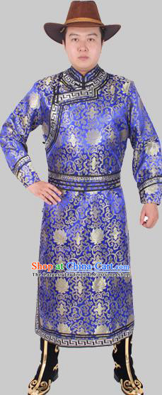 Chinese Traditional Mongol Ethnic Costume Nationality Royalblue Brocade Mongolian Robe for Men