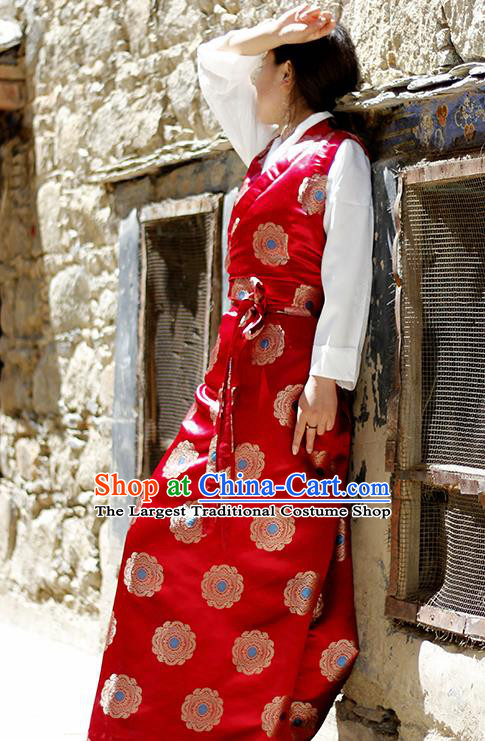 Chinese Traditional Tibetan Red Dress Zang Nationality Heishui Dance Ethnic Costume for Women