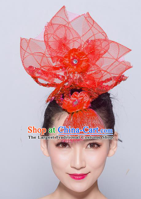 Chinese Traditional Folk Dance Hair Accessories Stage Performance Yangko Dance Red Veil Headwear for Women