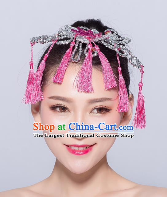 Chinese Traditional Yangko Dance Pink Flower Tassel Hair Stick National Folk Dance Hair Accessories for Women