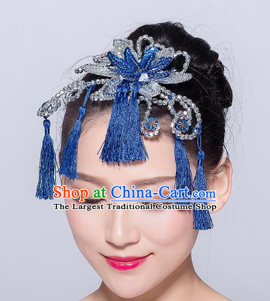 Chinese Traditional Yangko Dance Royalblue Tassel Hair Stick National Folk Dance Hair Accessories for Women