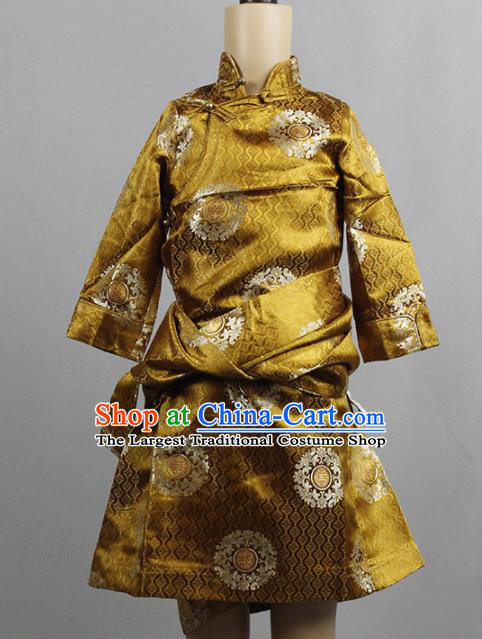 Chinese Traditional Tibetan Kham Children Golden Robe Zang Nationality Heishui Dance Ethnic Costumes for Kids