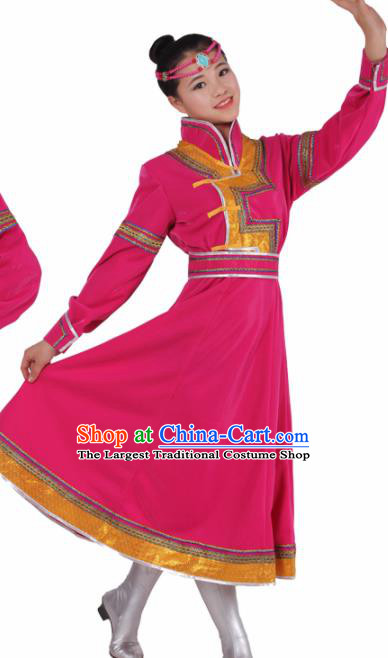 Chinese Traditional Mongolian Ethnic Rosy Dress Mongol Nationality Folk Dance Costumes for Women