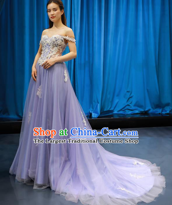 Top Grade Wedding Dress Compere Full Dress Princess Embroidered Purple Veil Costume for Women