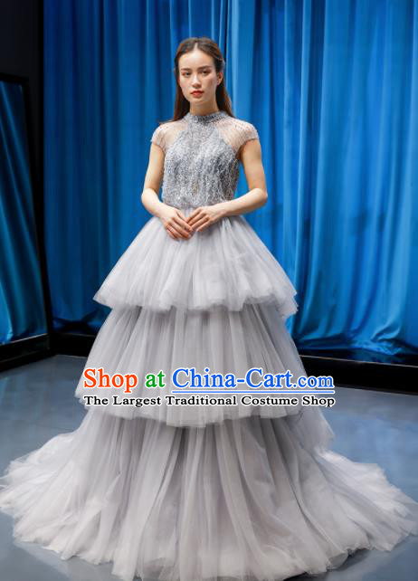 Top Grade Compere Grey Veil Full Dress Princess Embroidered Wedding Dress Costume for Women