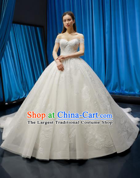 Top Grade Flat Shouders Trailing Wedding Dress Bride Full Dress Princess Costume White Veil Gown for Women