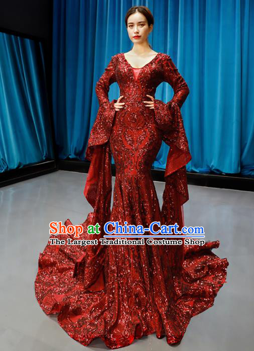 Top Grade Compere Full Dress Princess Red Paillette Trailing Wedding Dress Costume for Women