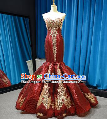 Top Grade Compere Wine Red Veil Fishtail Full Dress Princess Wedding Dress Costume for Women