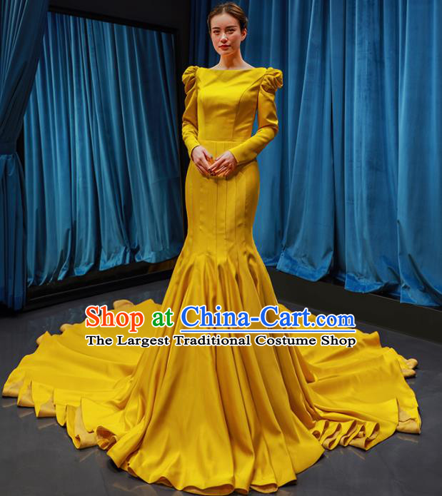 Top Grade Compere Yellow Trailing Full Dress Princess Wedding Dress Costume for Women