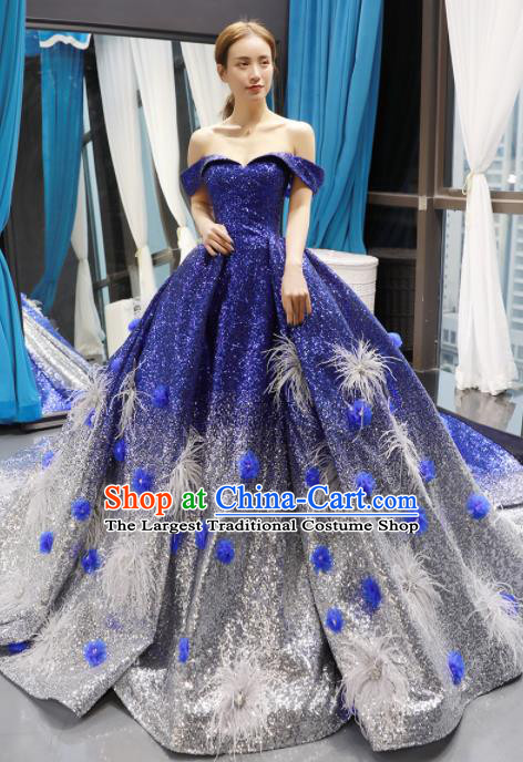 Top Grade Compere Royalblue Trailing Full Dress Princess Bubble Wedding Dress Costume for Women