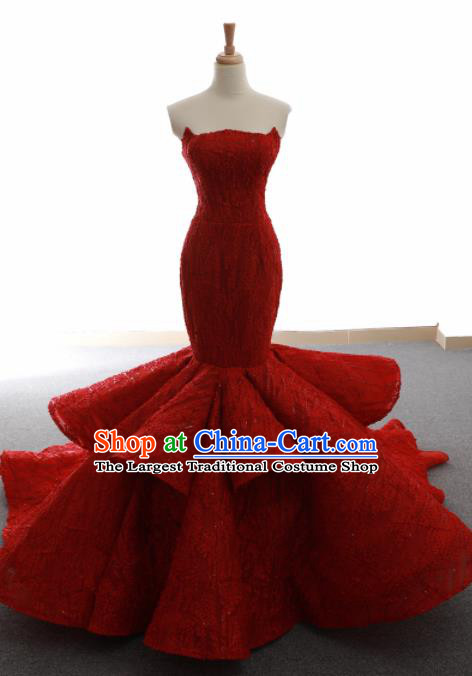 Top Grade Compere Fishtail Full Dress Princess Red Lace Wedding Dress Costume for Women