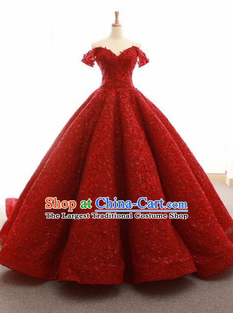 Top Grade Compere Trailing Full Dress Princess Red Wedding Dress Costume for Women