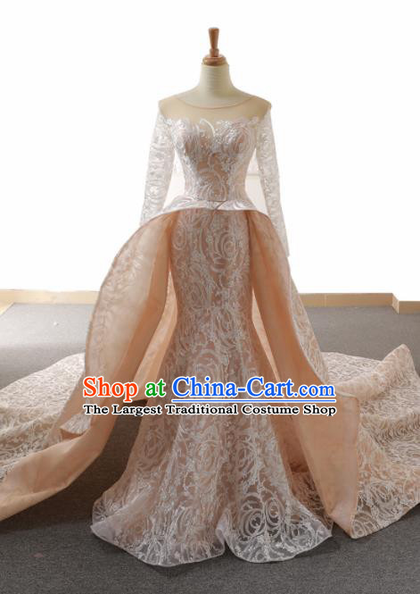 Top Grade Compere Trailing Full Dress Princess Pink Lace Wedding Dress Costume for Women