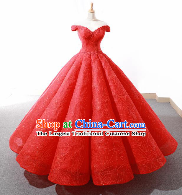 Top Grade Compere Red Bubble Full Dress Princess Embroidered Veil Wedding Dress Costume for Women