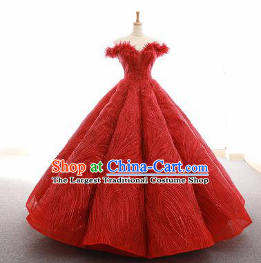 Top Grade Compere Red Veil Bubble Full Dress Princess Embroidered Wedding Dress Costume for Women