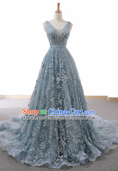 Top Grade Compere Blue Veil Trailing Full Dress Princess Wedding Dress Costume for Women