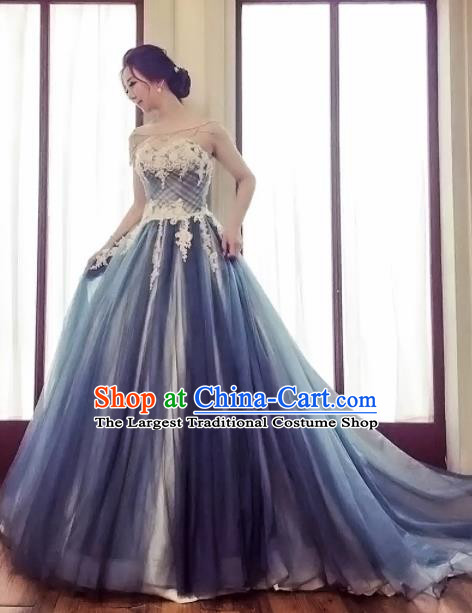 Top Grade Compere Blue Bubble Full Dress Princess Embroidered Wedding Dress Costume for Women