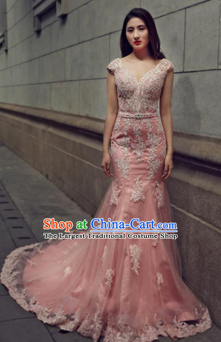 Top Grade Compere Pink Veil Trailing Full Dress Princess Embroidered Wedding Dress Costume for Women