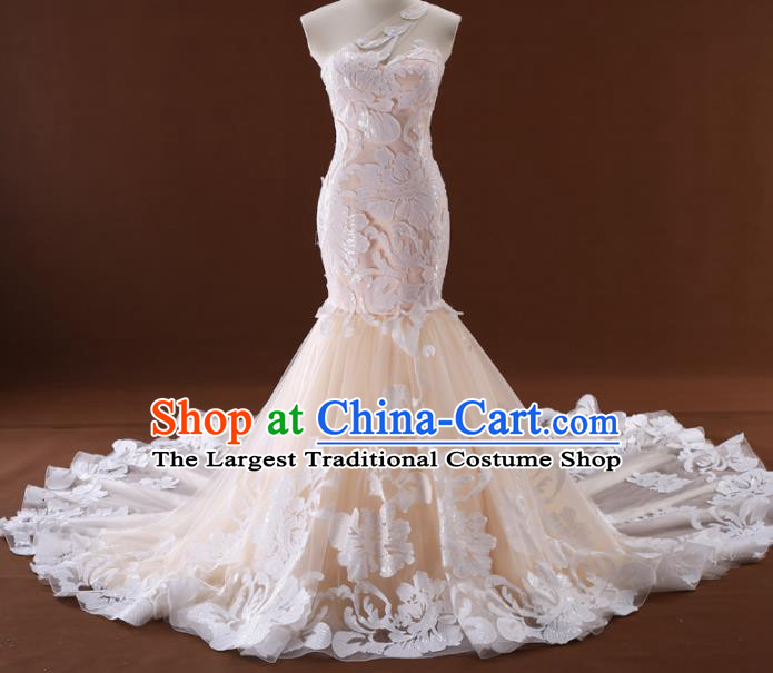 Top Grade Compere Champagne Veil Trailing Full Dress Princess Embroidered Lace Wedding Dress Costume for Women