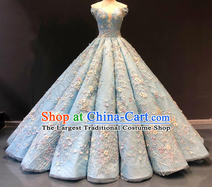 Top Grade Compere Blue Bubble Embroidered Full Dress Princess Wedding Dress Costume for Women