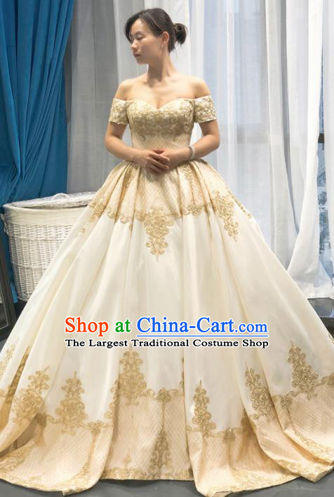 Top Grade Trailing Champagne Wedding Gown Bride Costume Full Dress Princess Dress for Women