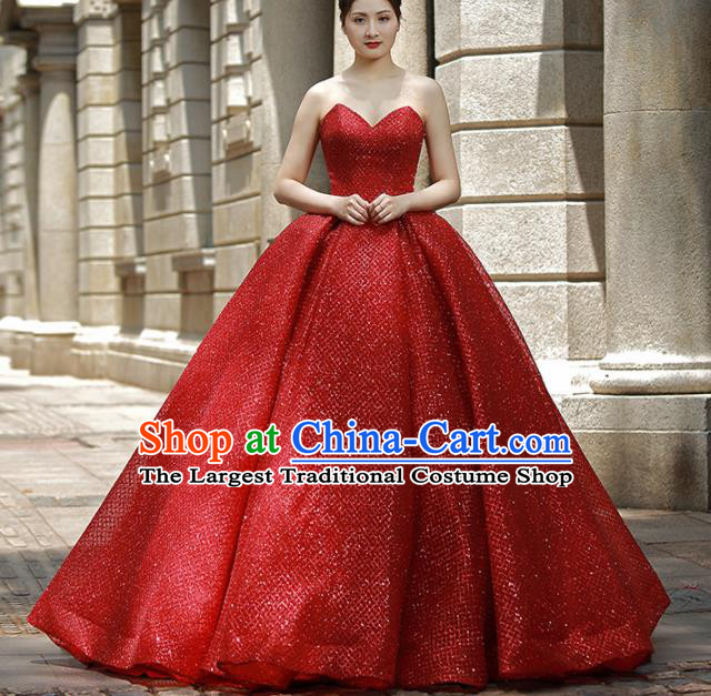 Top Grade Compere Red Veil Bubble Full Dress Princess Embroidered Wedding Dress Costume for Women