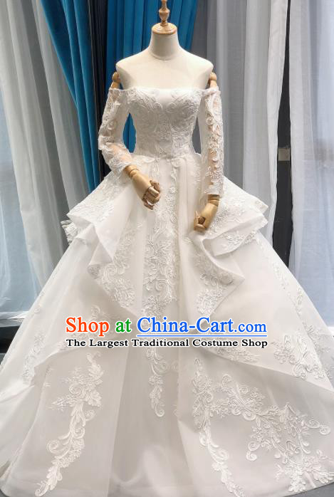 Top Grade Embroidered Wedding Gown Bride Costume White Bubble Full Dress Princess Dress for Women