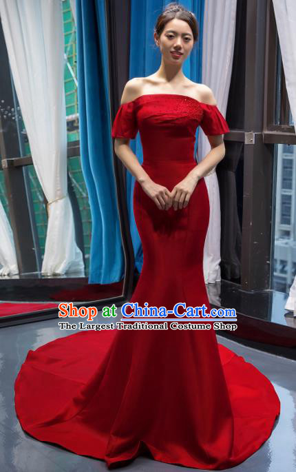 Top Grade Compere Red Full Dress Princess Trailing Wedding Dress Costume for Women