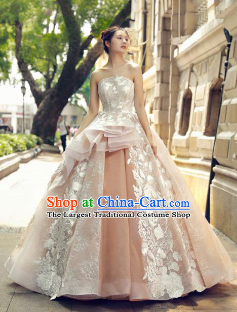 Top Grade Compere Champagne Veil Trailing Full Dress Princess Embroidered Wedding Dress Costume for Women