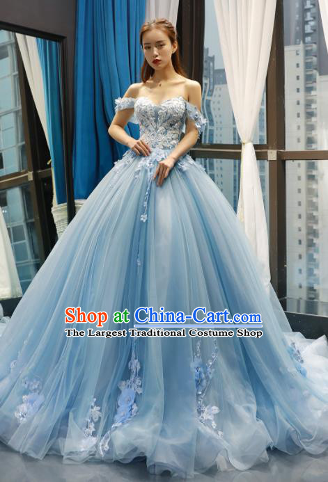 Top Grade Compere Blue Veil Full Dress Princess Trailing Wedding Dress Costume for Women